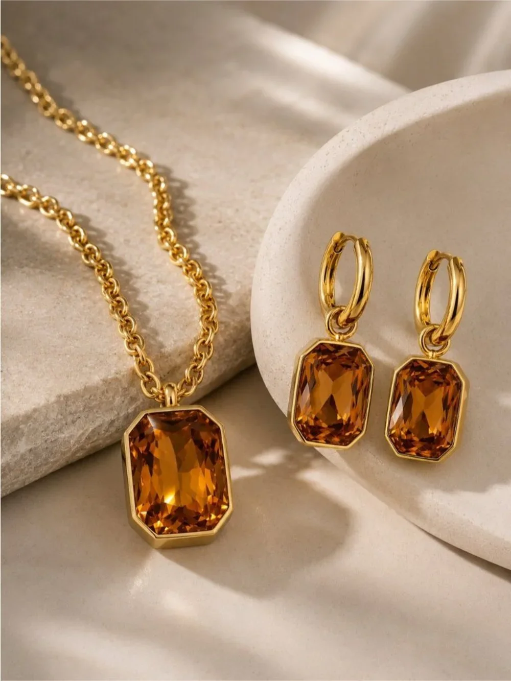 Gold-Tone Necklace and Earrings with Amber Stones